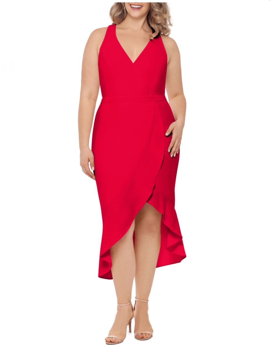 Xscape Red Cocktail Dress Sleeveless High Low Colorful Midi Sheath Size 20w
